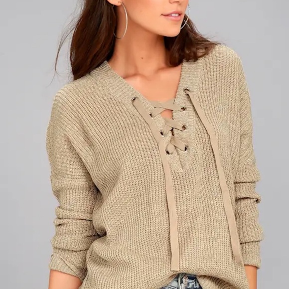 Jack by BB Dakota Sweaters - Jack by BB Dakota Lace-Up V-Neck Sweater in Tan